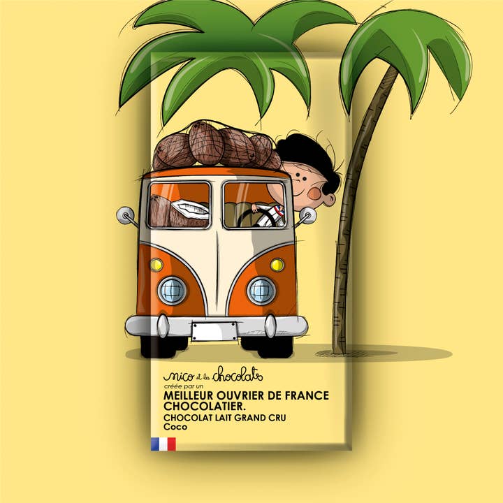 GRAND CRU MILK CHOCOLATE BAR 42% & ORGANIC COCONUT FLAKES for wholesale by nico et les chocolats