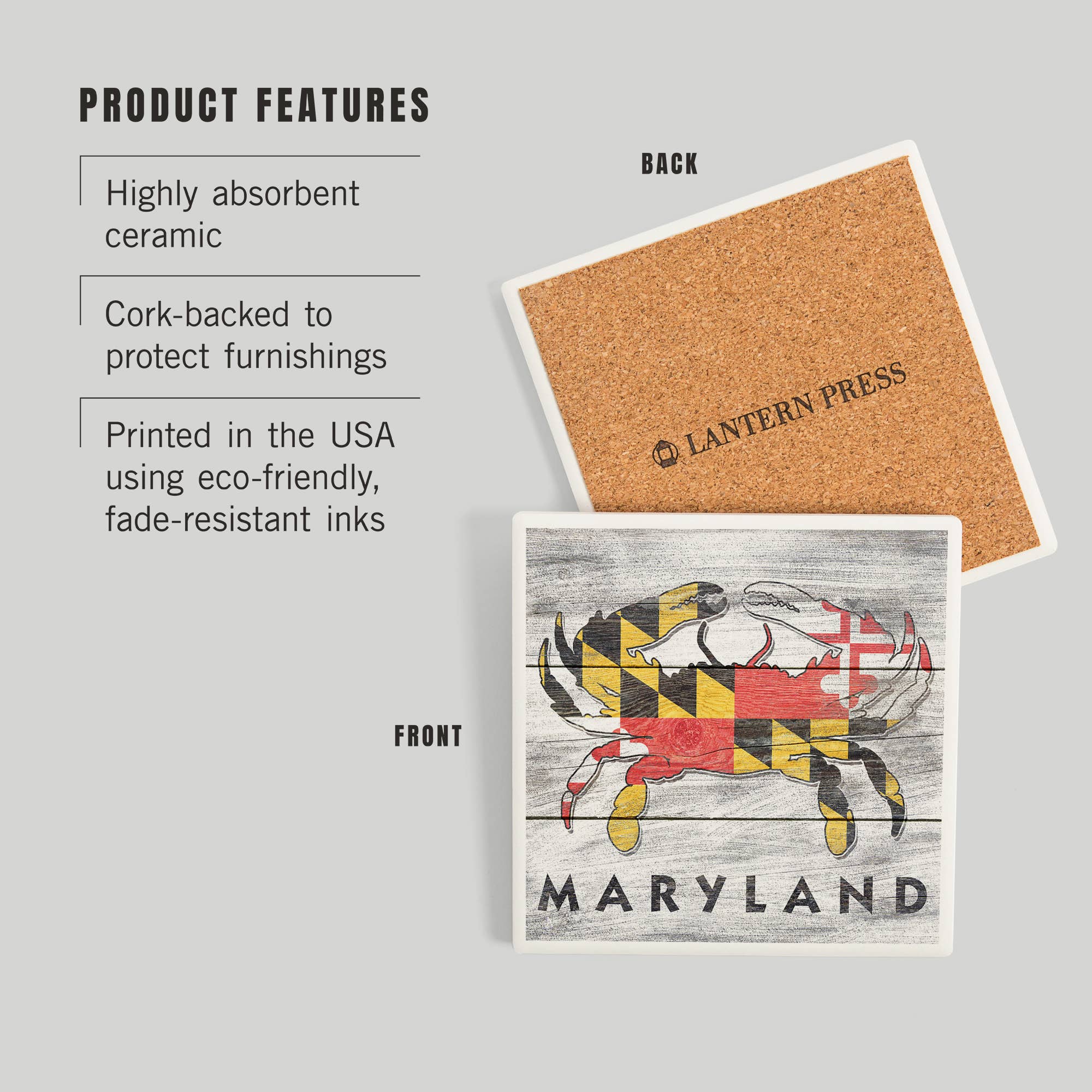 Lantern Press - Wholesale Coasters - CERAMIC COASTER Maryland, Rustic State Flag Crab2