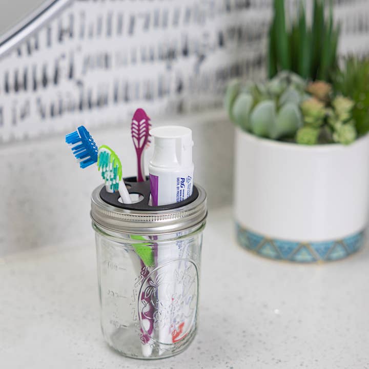 Fox Run Brands - Wholesale Toothbrush Holder - Jarware Black Toothbrush, Toothpaste Holder Lids, Wide Mouth