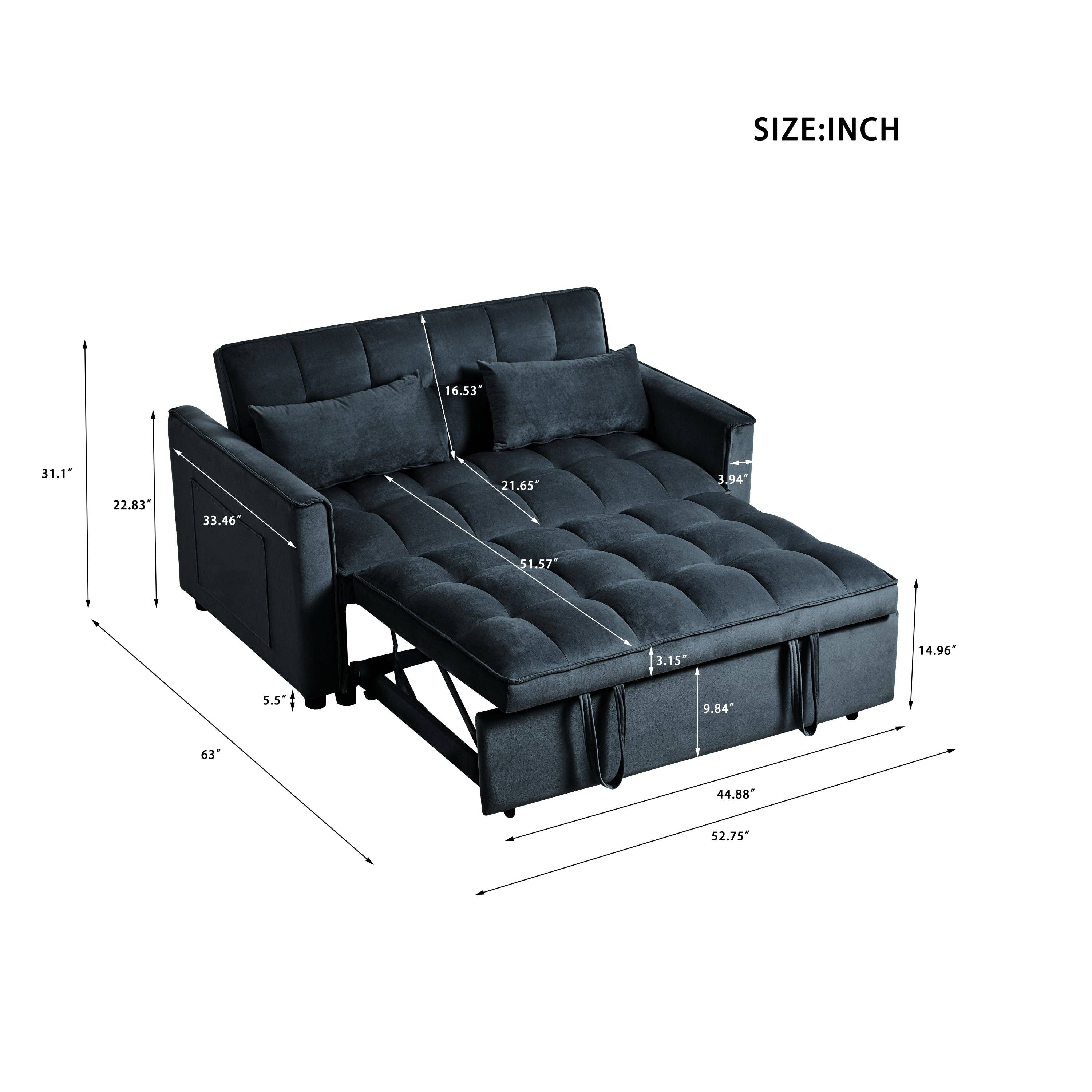 39F Inc. - Wholesale Sofa - 3-in-1 Convertible Sleeper Sofa Bed, Velvet Loveseat-Black4