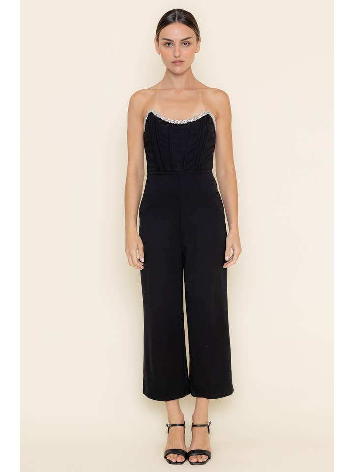 Black CRYSTAL DETAILED NECKLINE BANDEAU TOP JUMPSUIT- PI6617FO for wholesale on Faire1