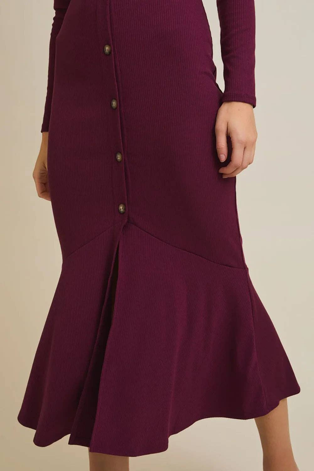 Wine Plum Ribbed Button Front Long Sleeve V-Neck Midi Dress with Flare Hem for wholesale on Faire4