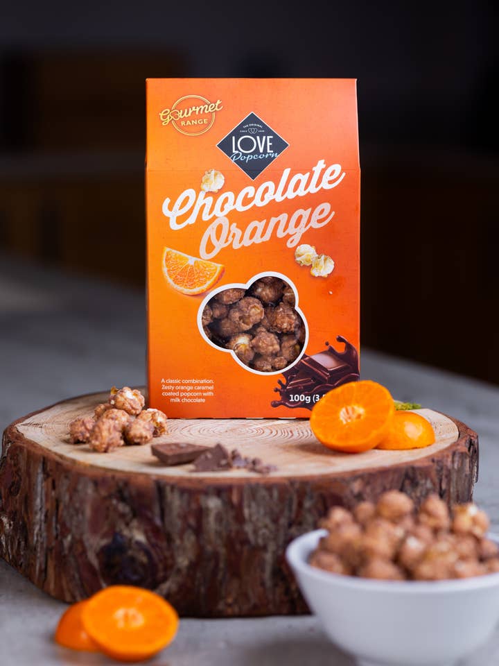 Chocolate Orange Popcorn 100g for wholesale by Love Popcorn