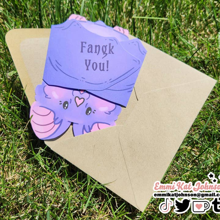 "Fangk You" Bat Tri-Fold Greeting Card for wholesale by Emmi Kat Johnson