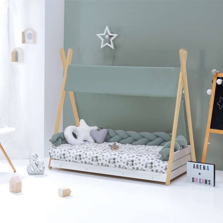 Montessori wooden bed 90x200 cm with eucalyptus green fabric · Homy Life XL for wholesale by Alondra Baby