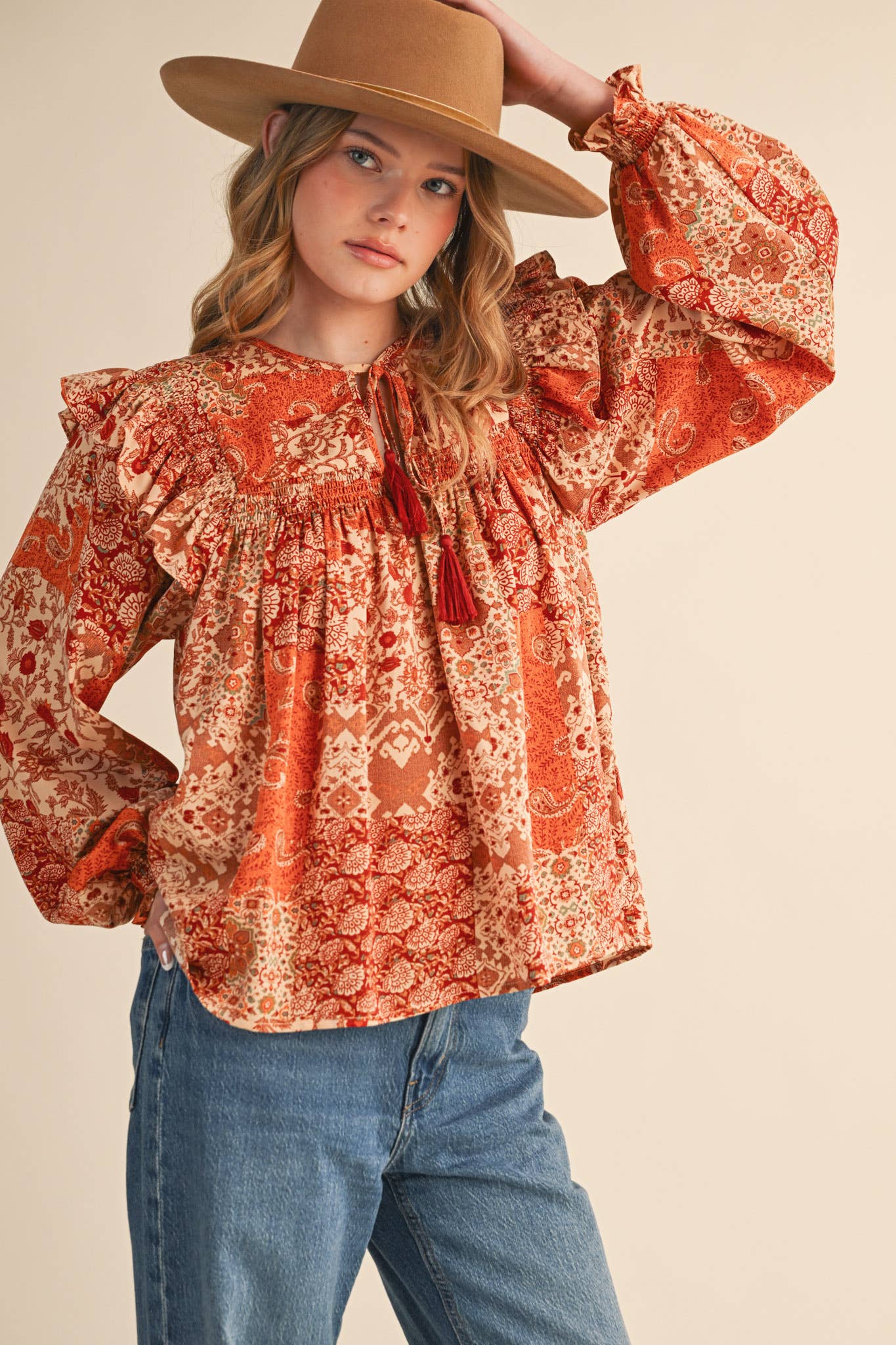 &MERCI - Wholesale Blouse - Women's - PATCHWORK PRINT SMOCKED RUFFLE BLOUSE MTP435011