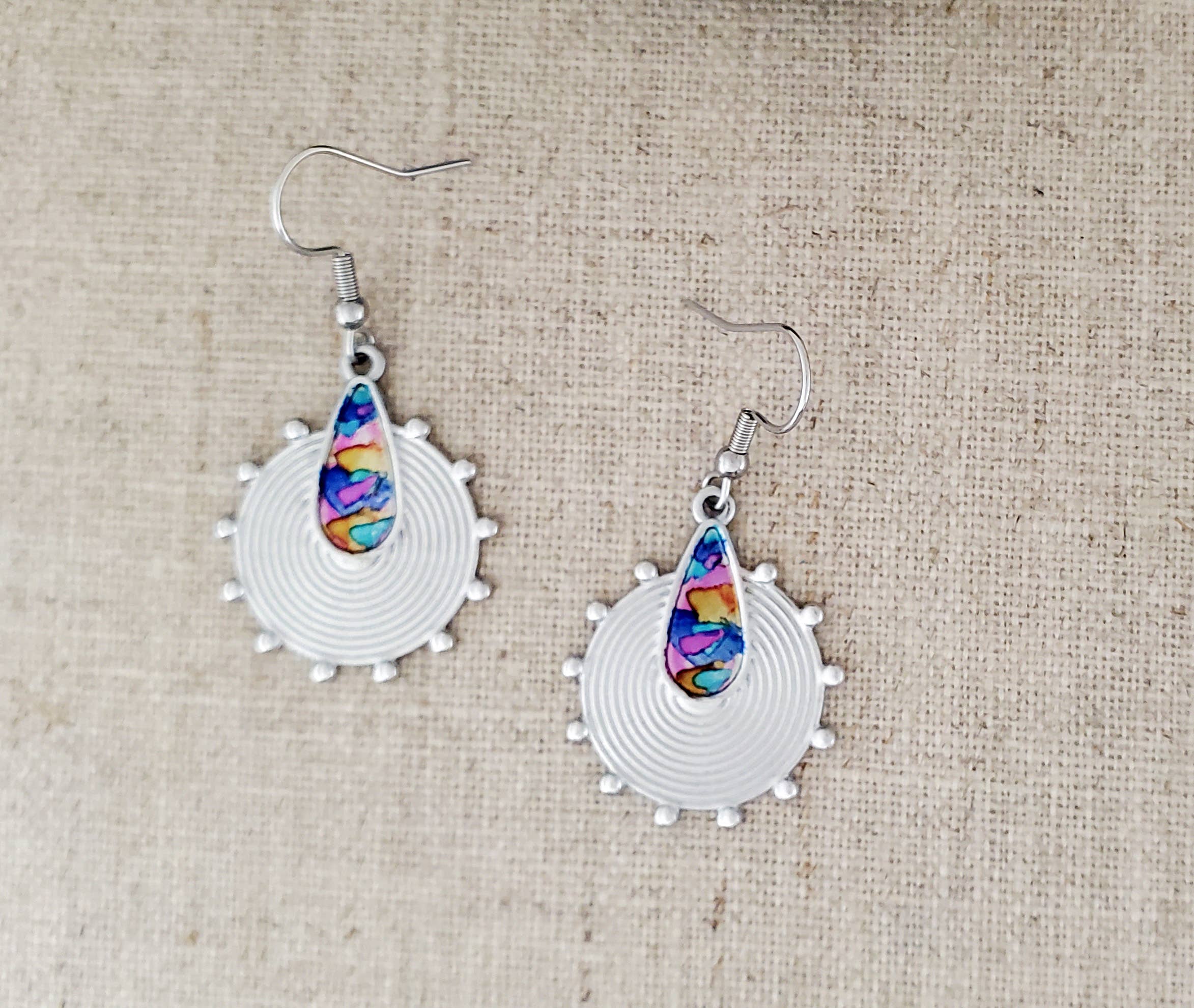 Covaly Artisan Jewelry - Wholesale Dangle Earrings - Alcohol Ink Stainless Steel Circle & Teardrop Earrings 2