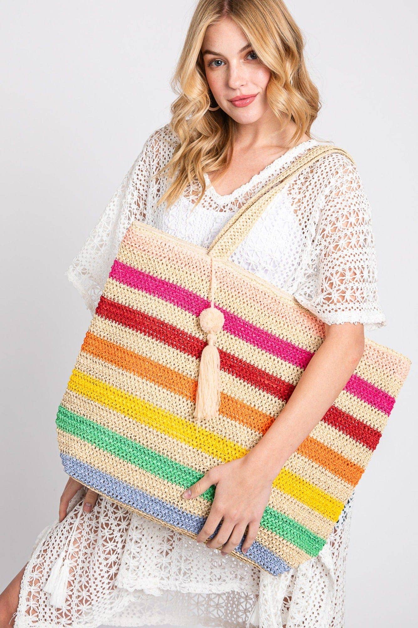 MiMi Wholesale - Wholesale Tote Bag - Women's - Amara Striped Crochet Women's Tote Bag with Tassel6