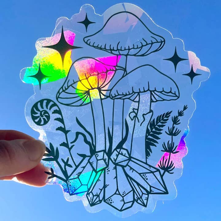 Mushroom Window Suncatcher Sticker, Rainbow Window Decal for wholesale by Art by Sharell