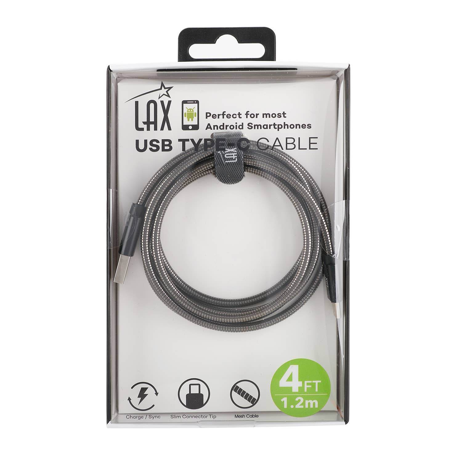 LAX Gadgets - Vente Câble de charge - Câbles maillés USB-A vers USB-C à chargement rapide, 4 pieds, emballage de vente au détail5