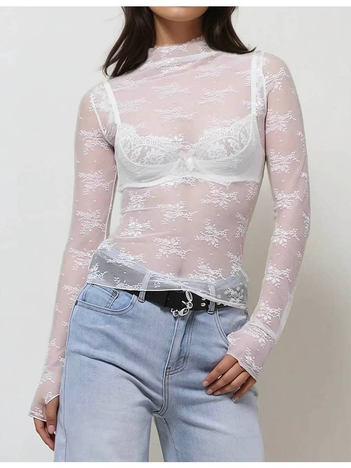 Sweetkama - Wholesale Blouse - Women's - Lux Layering Floral Lace See Through Mesh Top Blouse SKT151