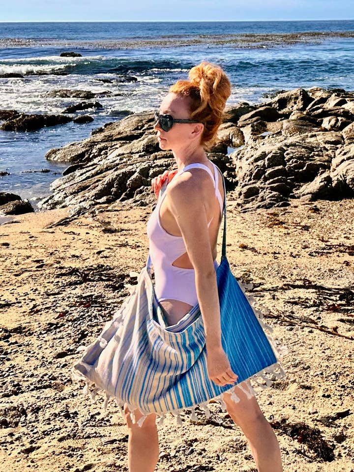 3 in 1 Striped Turkish Cotton Tote - Ocean Blue Stripe for wholesale by Beachables