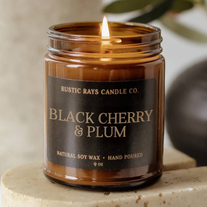 Black Cherry & Plum 9 oz Soy Candle - Home Decor & Gifts for wholesale by Rustic Rays Candle Co.