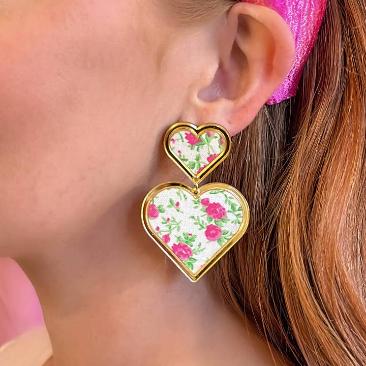 Valentines Pink Floral Heart Statement Earrings for wholesale by BOHEMIAN GEMME
