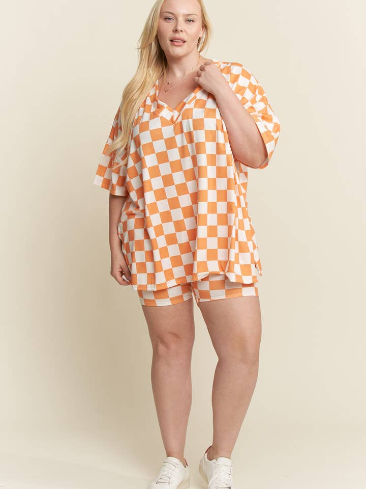 JADE BY JANE PLUS - Wholesale Lounge Set - Women's - PLUS SIZE SHORT SLV V-NECK / SHORTS CHECKERBOARD SET5