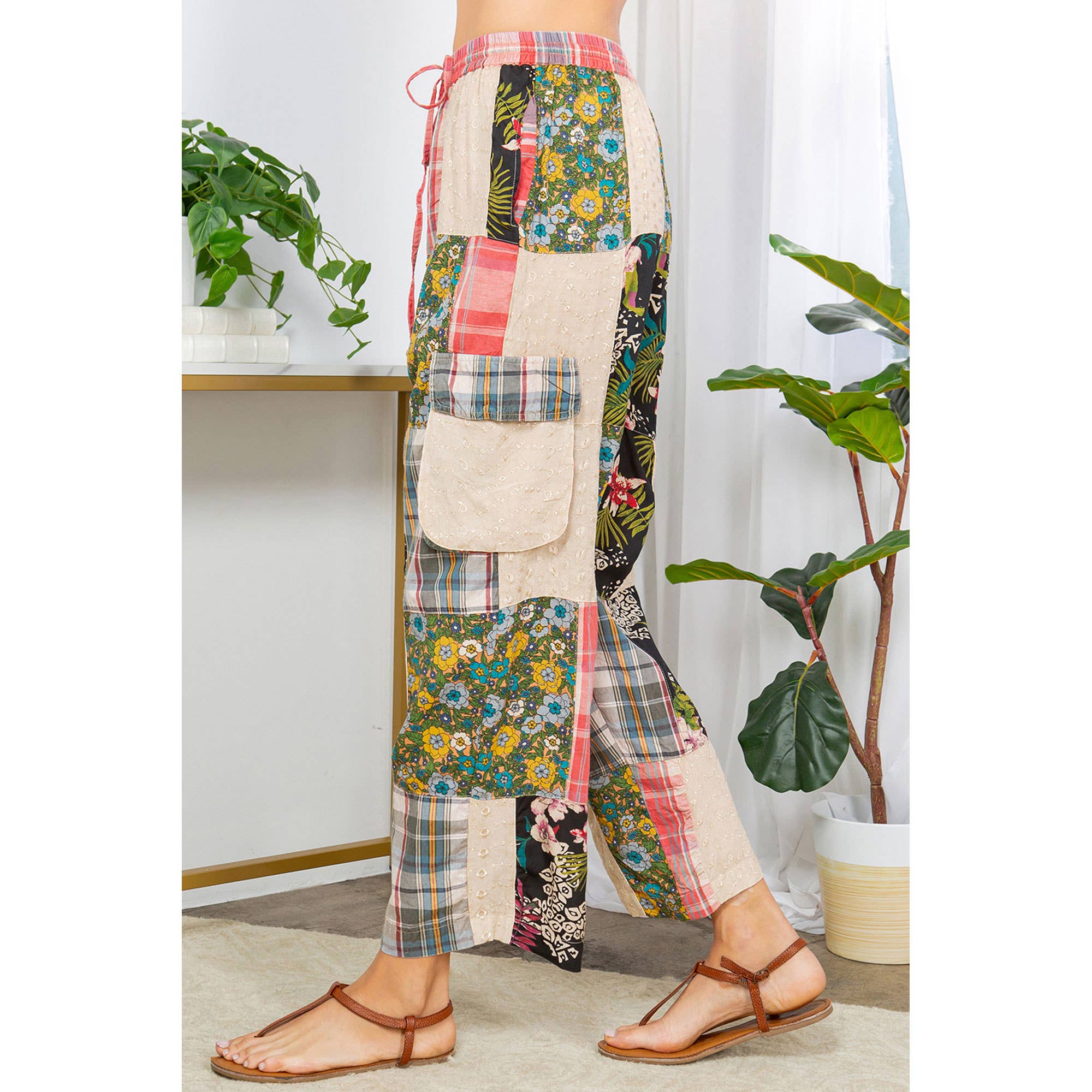 Young Threads - Wholesale Pants - Women's - Bohemian Patchwork Straight Pant Plaid & Schiffli Embroidery3