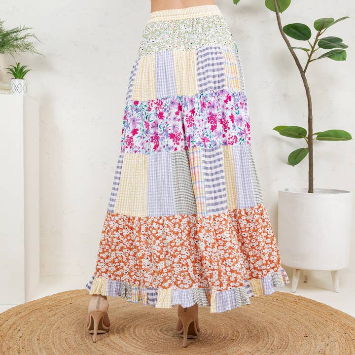 Young Threads - Wholesale Skirt - Women's - Artisan Boho Mixed Print Tiered Patchwork Maxi Skirt (NEW)3