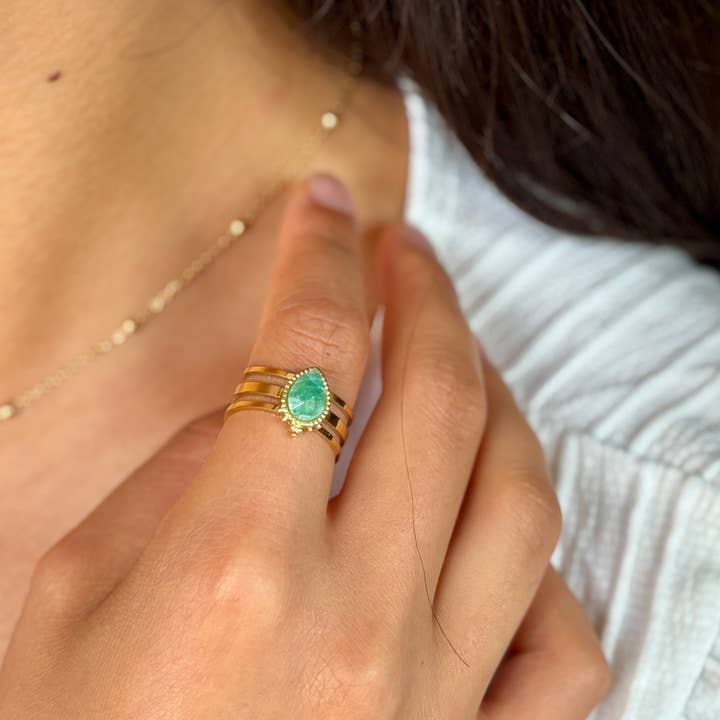 Ocean Ripples – wholesale Cocktail/statement ring – 18ct Gold Plated Amazonite Drop Triple Band Ring 1