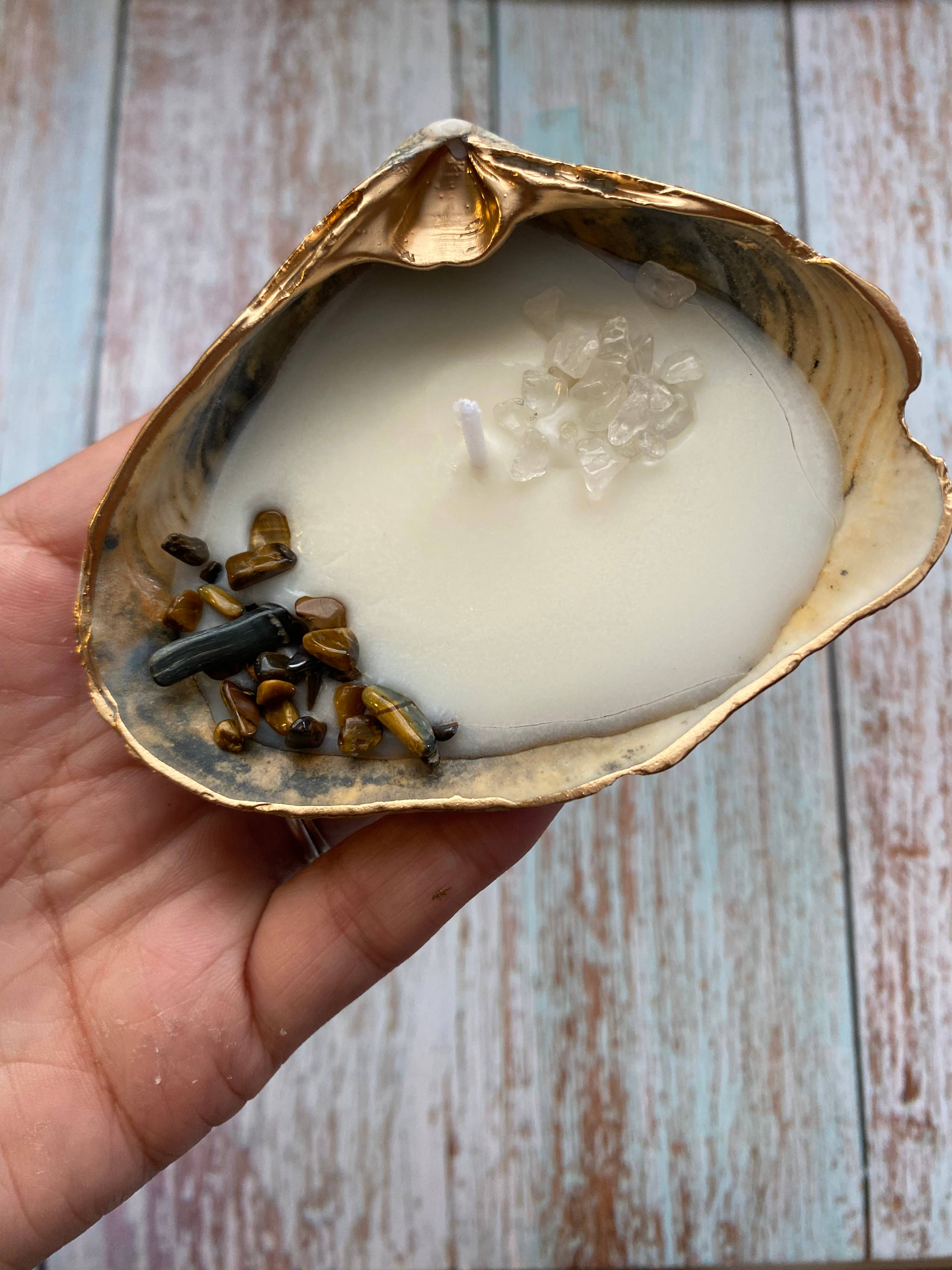 Serenity Shells - Wholesale Jar/Filled Candle - Tigers Eye and Clear Quartz0
