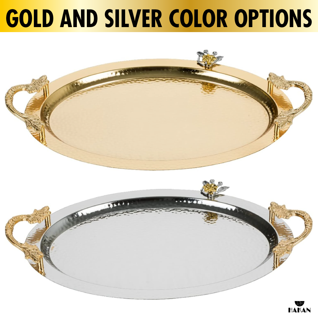 Hakan - Wholesale Serving Tray - Ornamental Anti Tarnish Big Oval Gold Serving Tray with Hand4