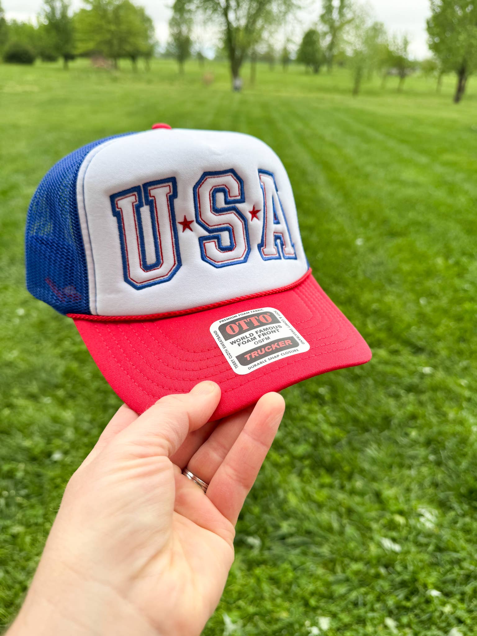 Wholehearted Motherhood and Co. - Wholesale Trucker Hat - Women's - USA Red White and Blue Embroidered 4th of July Trucker Hat1