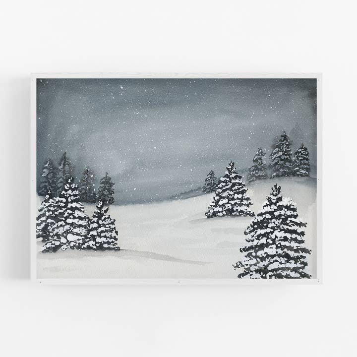 A Peaceful Winter Evening | Watercolor Holiday Art Print for wholesale by Letter Lane Design Studio