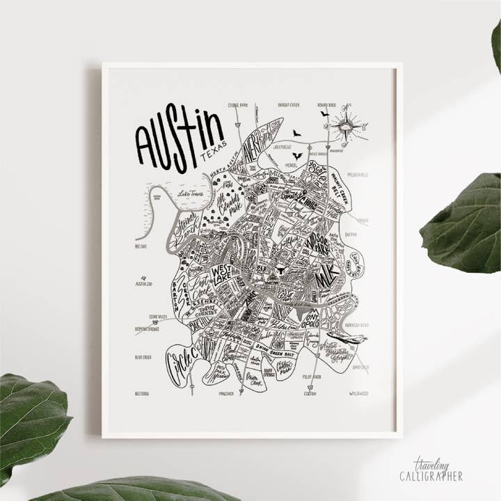 Impresión de mapa del vecindario de Austin (3 tamaños) para venta al por mayor de Traveling Calligrapher