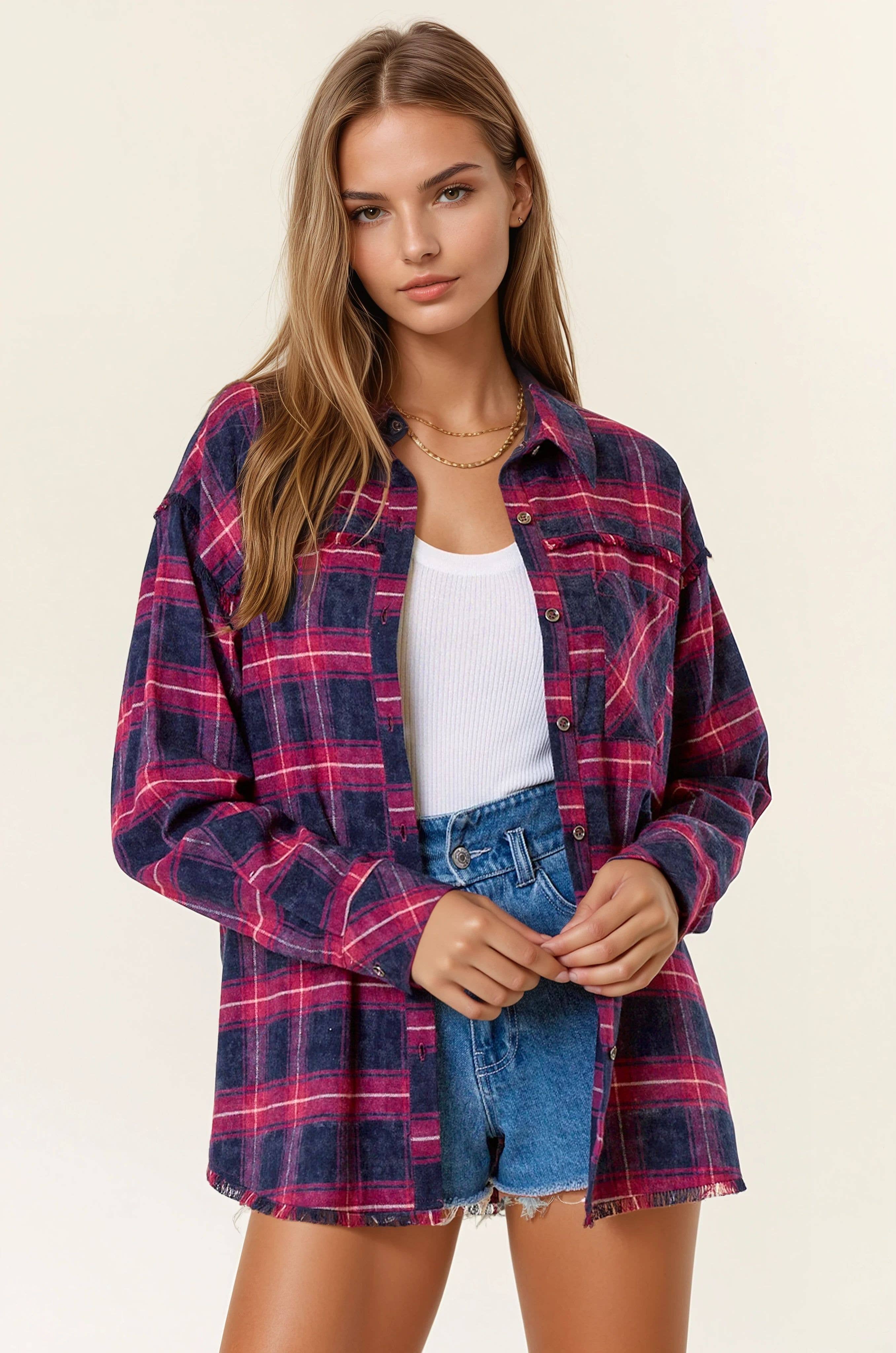 Doe and Rae - Wholesale Button Down Shirt - Women's - Plaid Flannel Shirt W/ Frayed Detail - 44703T6
