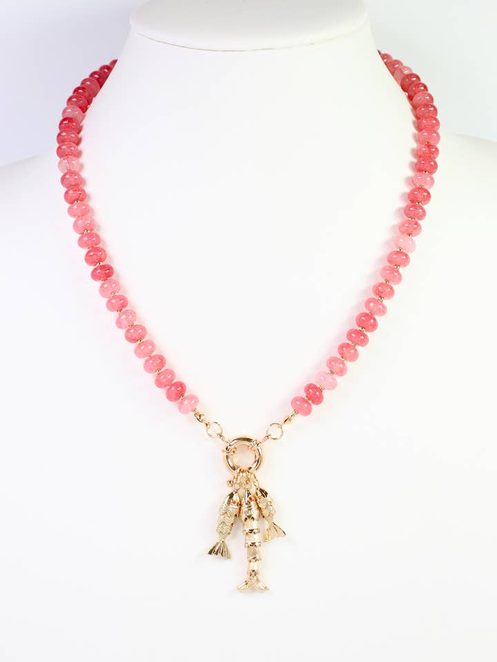 Saranac Marble Bead Fish Charm Necklace Pink for wholesale by Caroline Hill