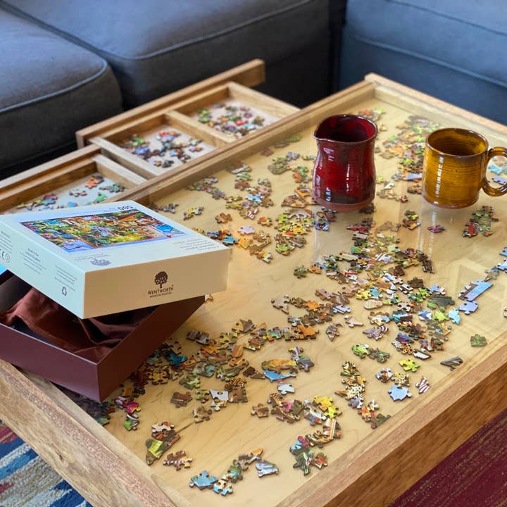 Charles River Woodworks - Wholesale Coffee Table - Rustic Puzzle Coffee Table with removable glass top - includes 2 hidden drawers - 24x36"