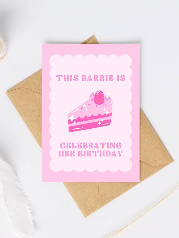 Biglietto di Compleanno Barbie Girly | Biglietto di Compleanno con Torta Rosa per la vendita all'ingrosso da parte di Fleurs on Sunday