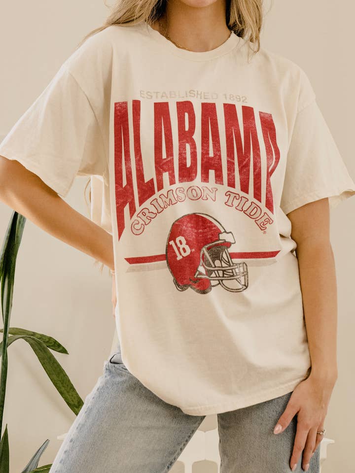 LivyLu - Wholesale Screen Printed T-Shirt - Unisex - Bama Crimson Tide Established Helmet Off White Thrifted Tee4