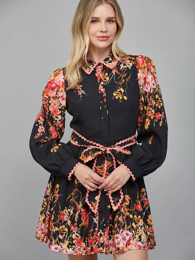 FLORAL PRINT WAIST SASH BUTTON DOWN MINI DRESS FD32357 for wholesale by FATE