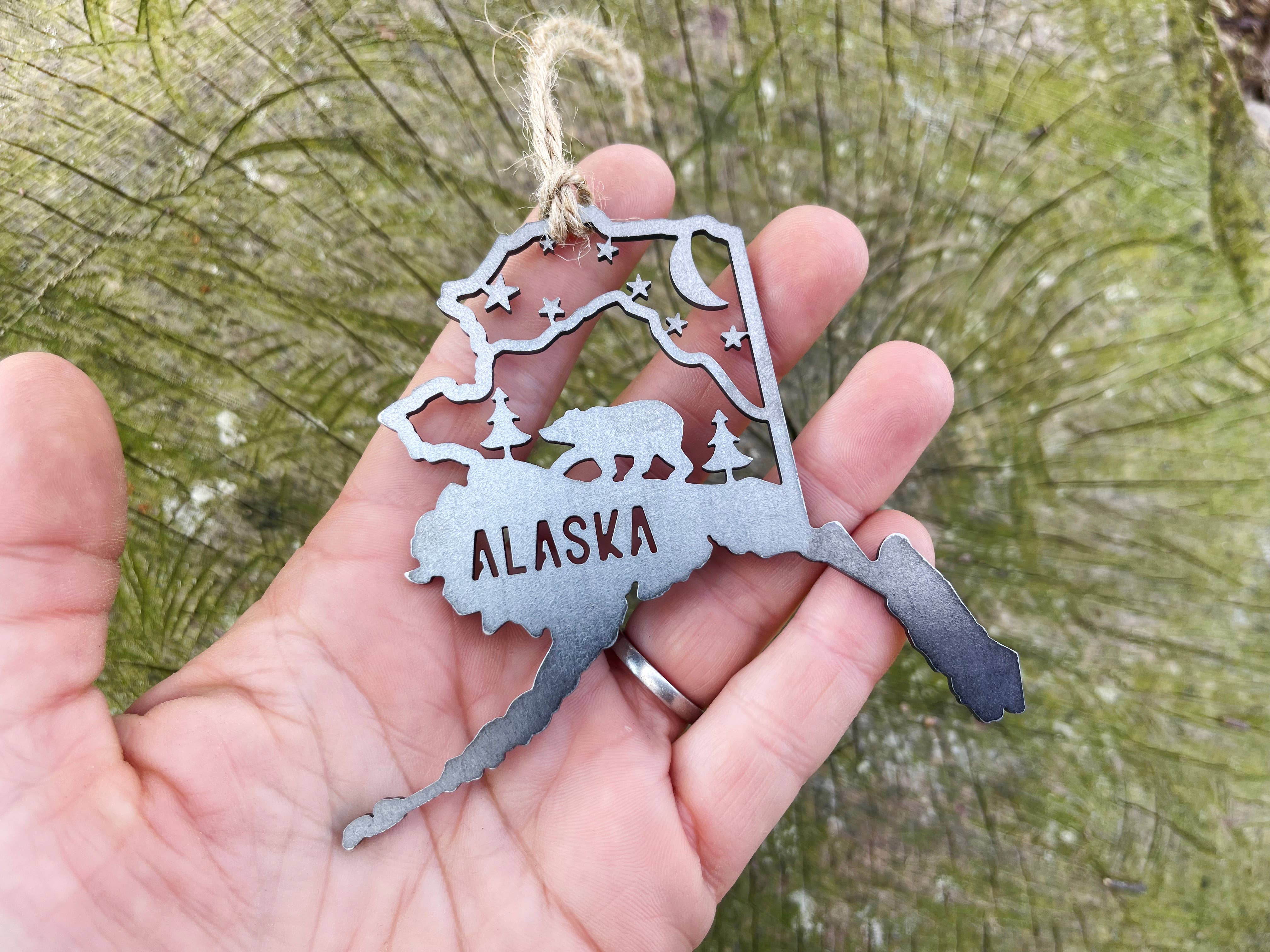 BE Creations & Designs, Inc. - Wholesale Ornament - Alaska State Bear Scene Raw Steel Ornament made in USA *NEW