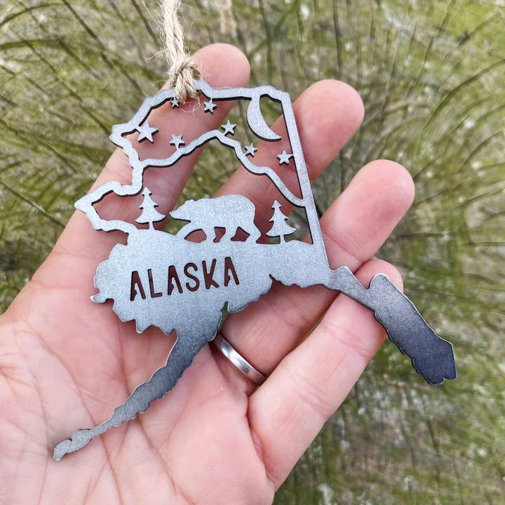BE Creations & Designs, Inc. - Wholesale Ornament - Alaska State Bear Scene Raw Steel Ornament made in USA *NEW0