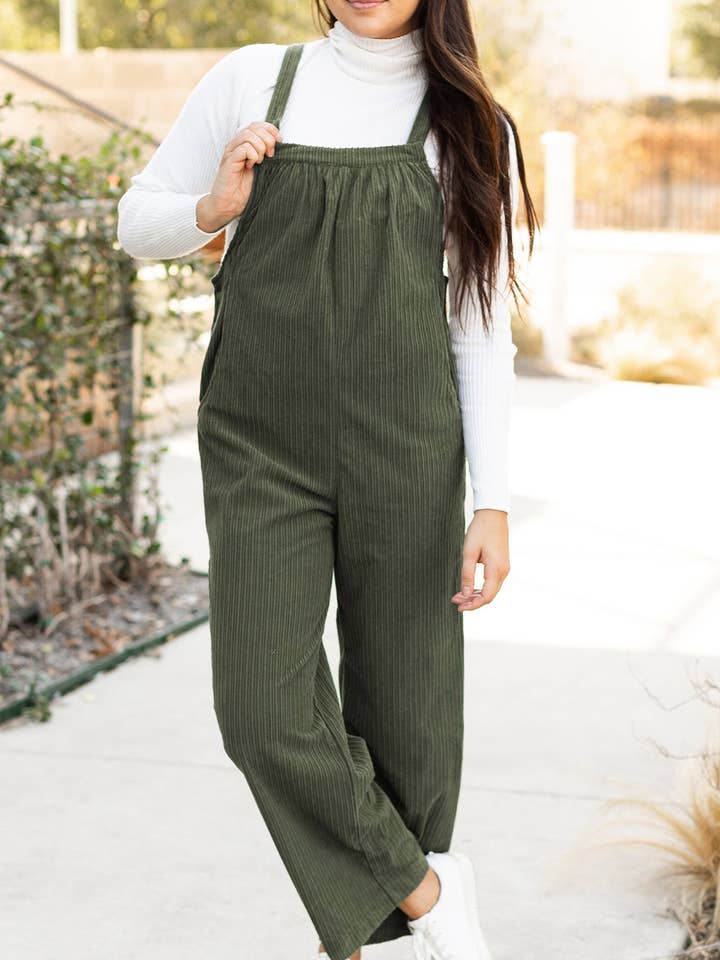 Corduroy Adjustable Strap Pocketed Loose Overall for wholesale by LALA LOO