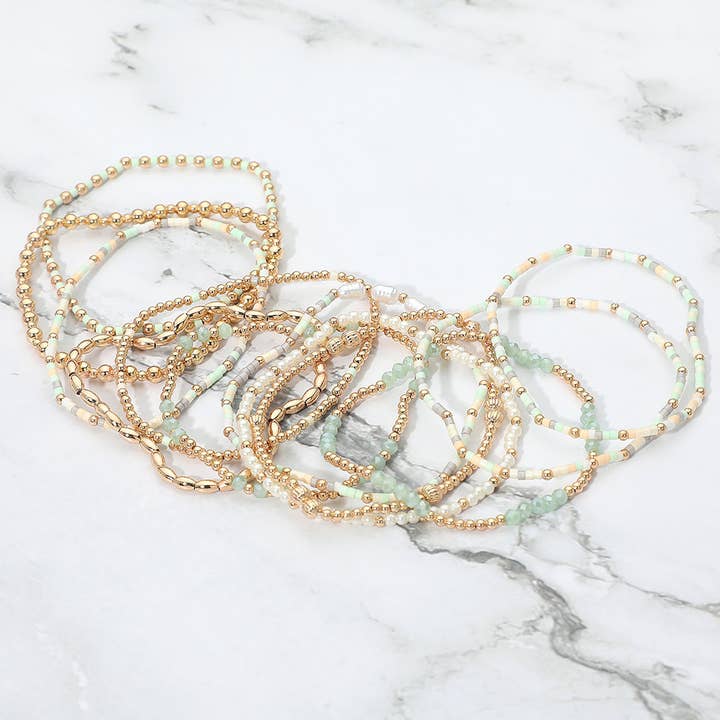 Sensibling Corp. - Wholesale Jewelry Set - 12PCS - Pearl Metal Ball Seed Faceted Beaded Stretch Multi Layered Bracelets7