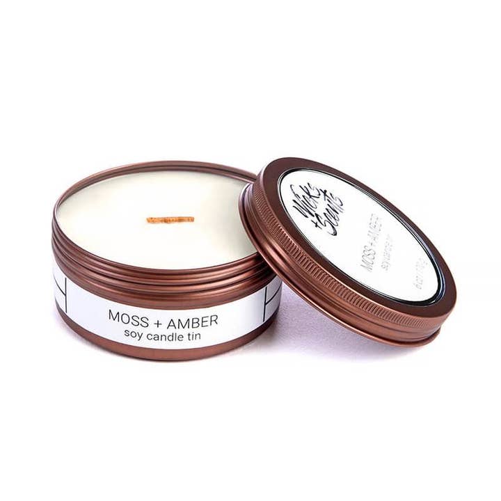 Wicks + Scents - Wholesale Travel Candles - Moss + Amber - Wooden Wick Soy Candle - 6 oz Travel Tin