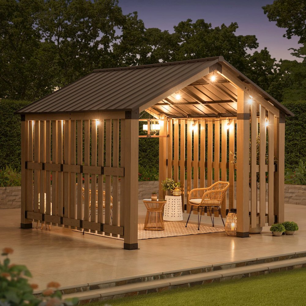 Giniverse108 - Wholesale Outdoor Ornament/Decor - Sienna Outdoor Cedar Wood Framed Hot Tub Gazebo with Steel Hardtop, Matte Black6