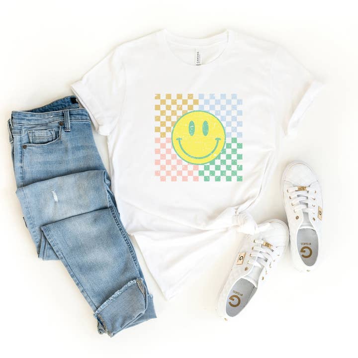 Olive And Ivory Wholesale - Wholesale Screen Printed T-Shirt - Women's - Four Square Smiley Face | Short Sleeve Crew Neck