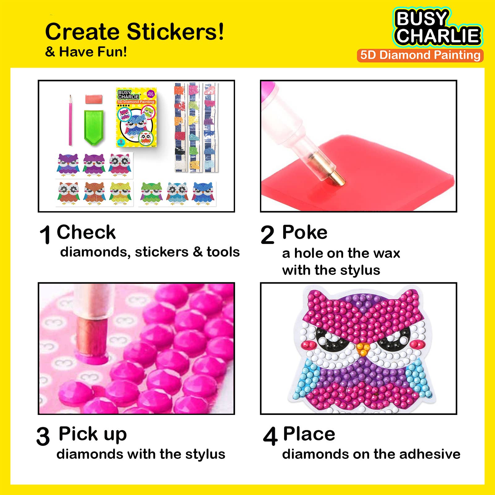 Busy Charlie LLC – Kit de artesanato DIY - Criança por atacado – Kit de pintura de diamante 5D para crianças - Owl Party3