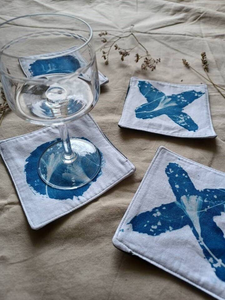 Handmade Cyanotype Upcycled Denim & Cotton Coasters Set of 6 for wholesale by Larisanjou