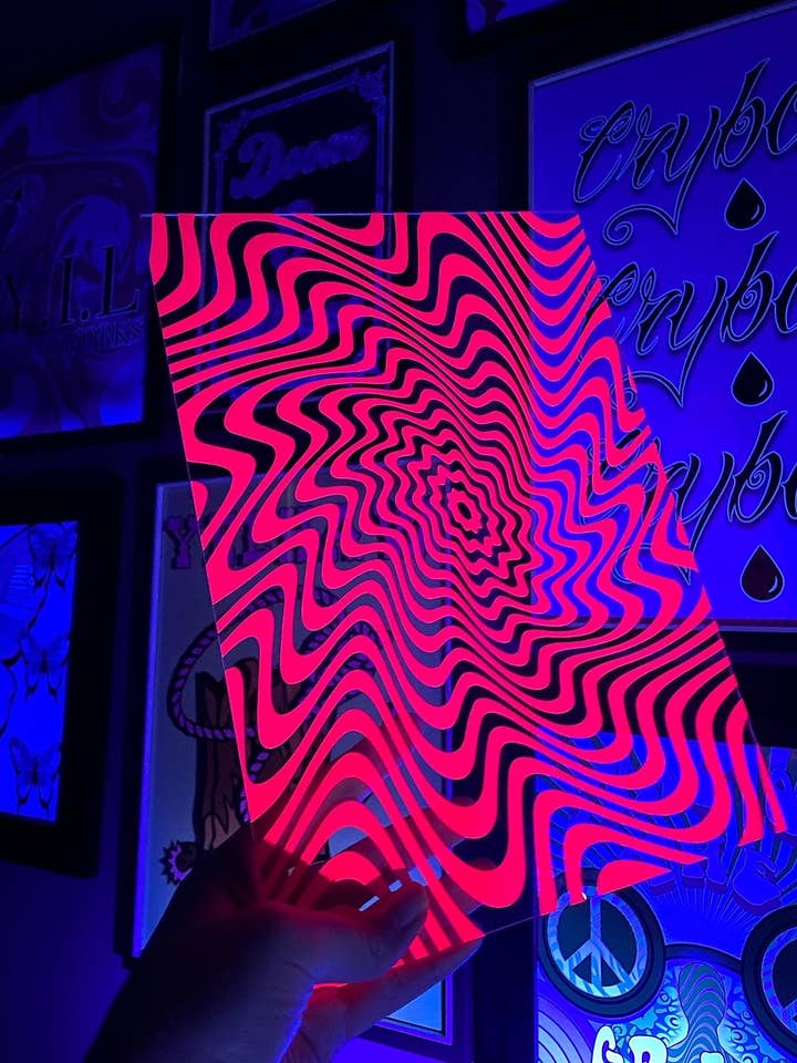 Psychedelic pattern trippy UV glow pink clear acrylic vinyl poster plaque for wholesale by Buba Goods