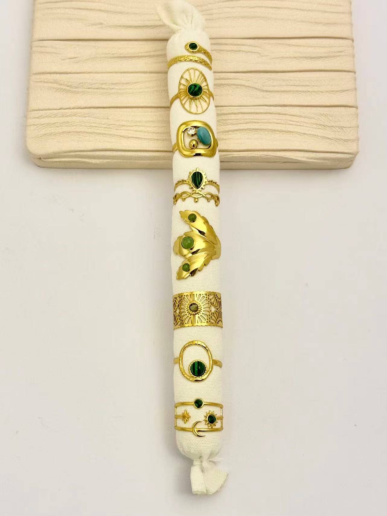 COSMOS - Wholesale Jewelry Set - Lot 8 adjustable golden ring with natural green stones1