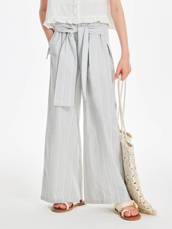 Calças Largas às Riscas com Cintura de Laço e Bolsos por atacado de Suhkasana