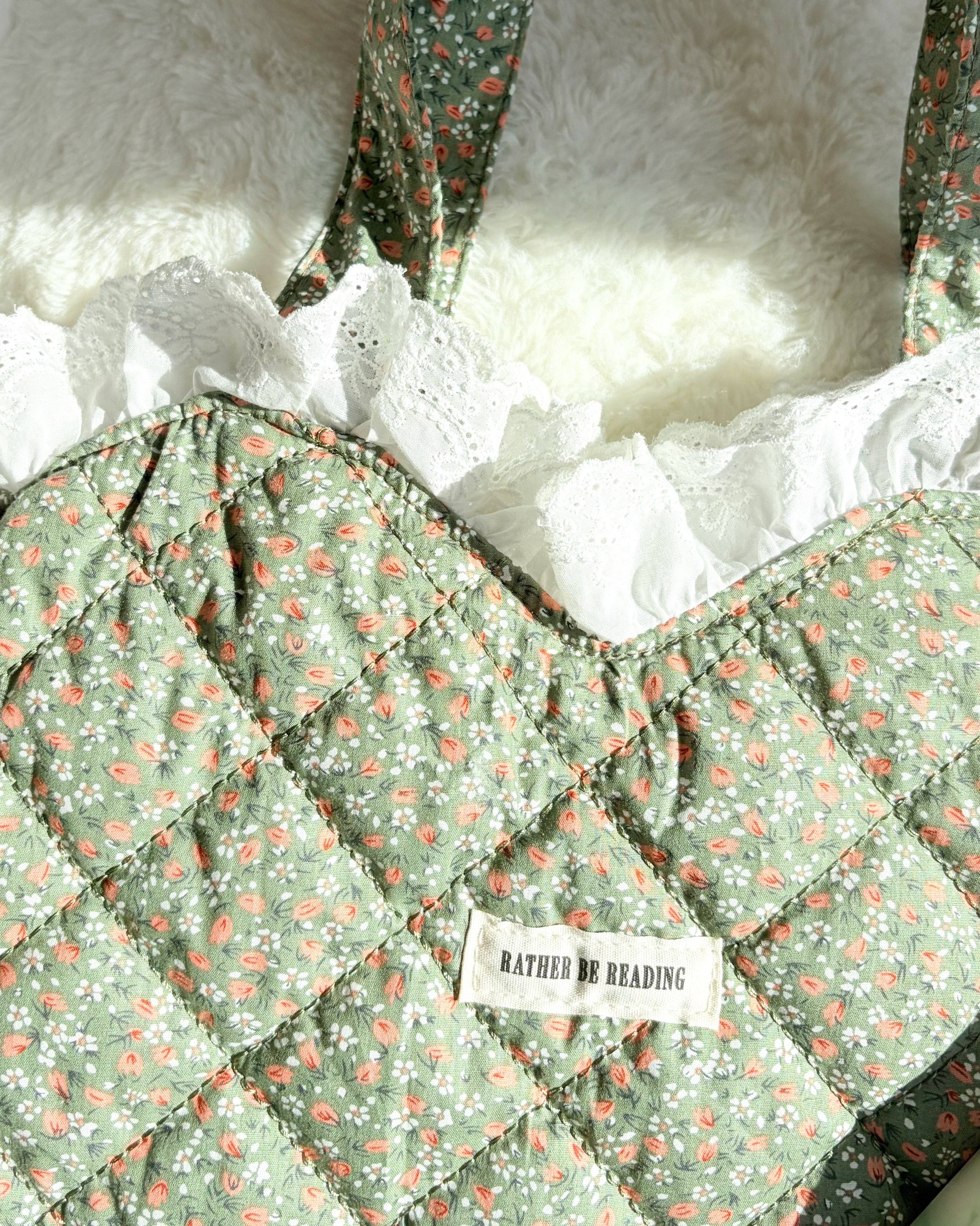 The Bean Workshop - Wholesale Tote Bag - Women's - Rather Be Reading Green Quilted Heart Tote Bag with Ruffled Lace Trimming5