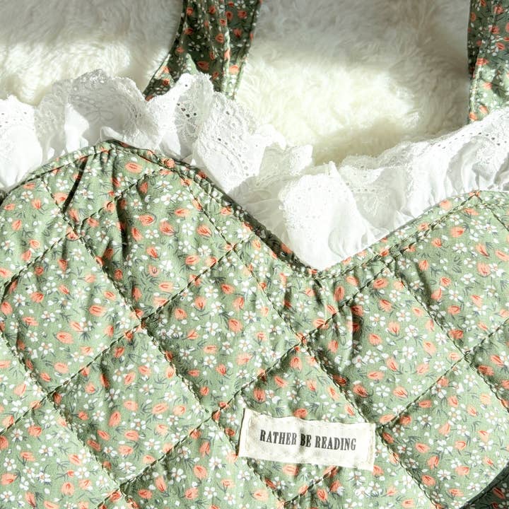 The Bean Workshop - Wholesale Tote Bag - Women's - Rather Be Reading Green Quilted Heart Tote Bag with Ruffled Lace Trimming5
