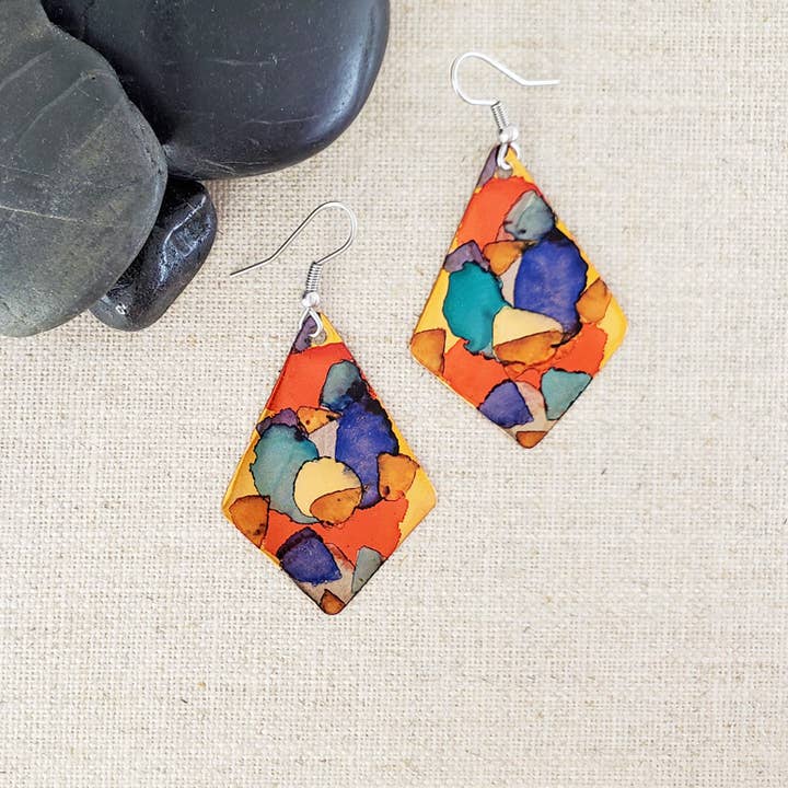Covaly Artisan Jewelry - Wholesale Dangle Earrings - Alcohol Ink Copper & Stainless Steel Kite Earrings