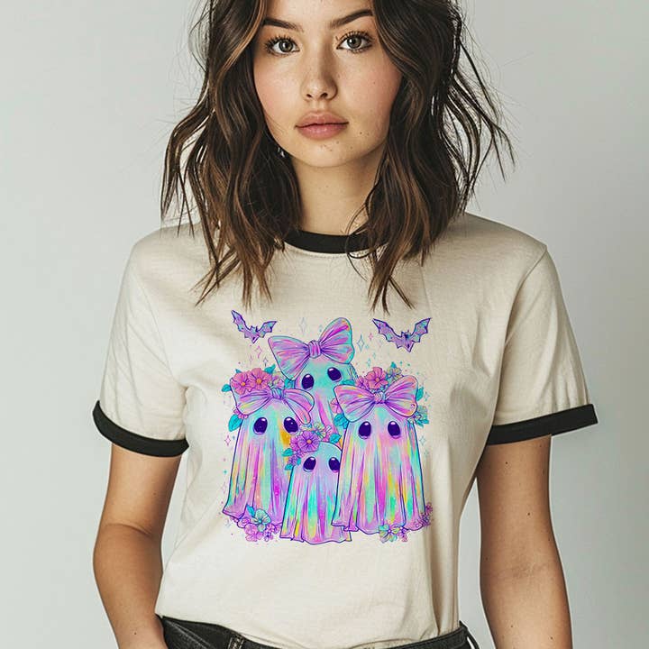 Iridescent Ghost Bow - Cute Neon Halloween Ringer Shirt for wholesale by House Of Rodan