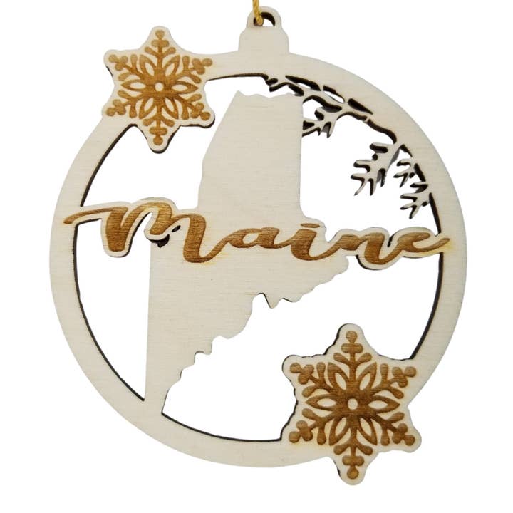 Maine Wood Ornament - ME State Shape with Snowflakes Cutout for wholesale by Happy Wood Products